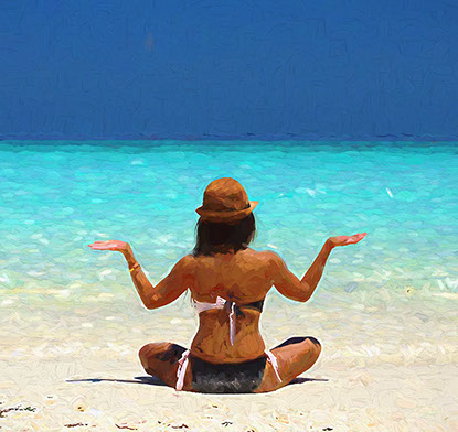 Acrylic painting of a woman sitting in a yoga pose on a sunny beach