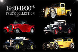 Decorative print featuring a collection of vintage trucks